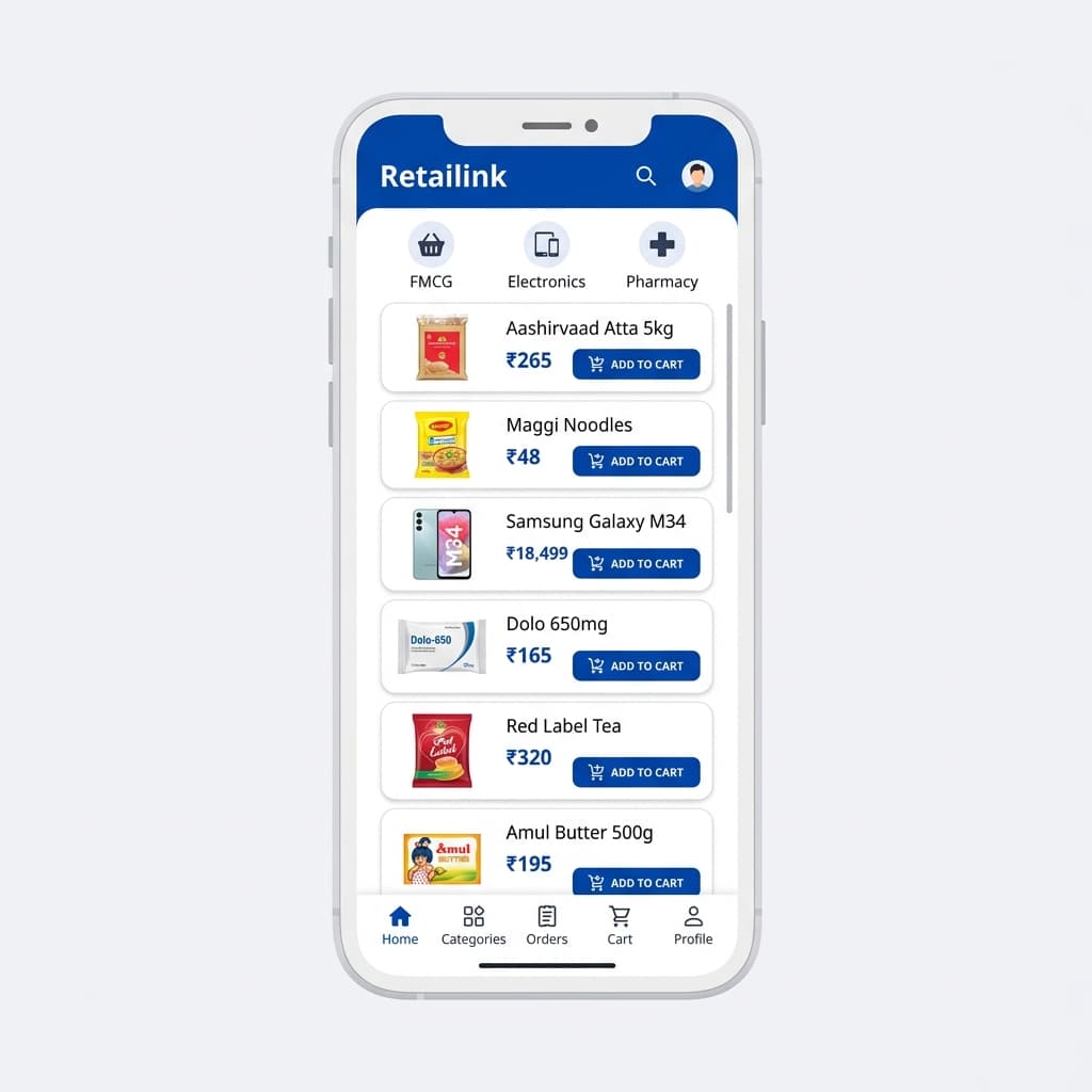 Retaillink mobile app showing product catalog with prices in Indian Rupees for retailers